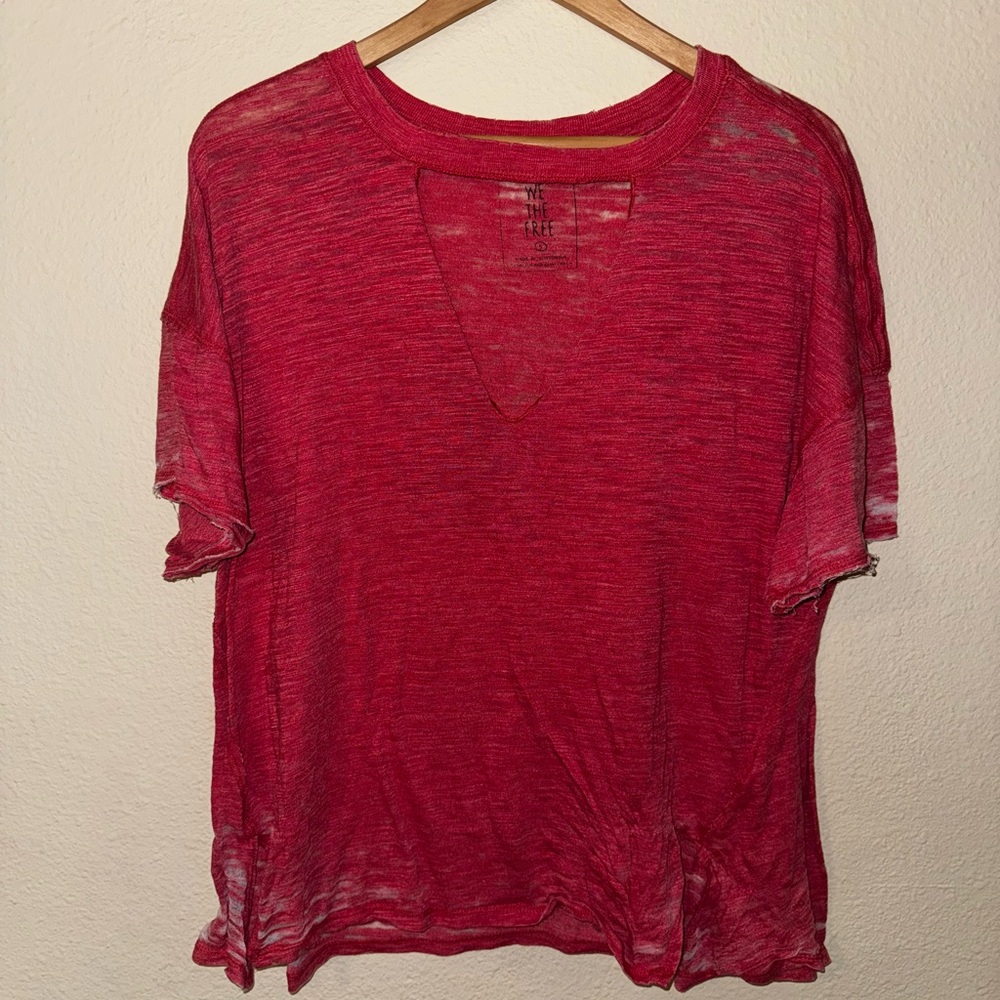 Free People Red Relaxed V-Neck Short Sleeve Tee
